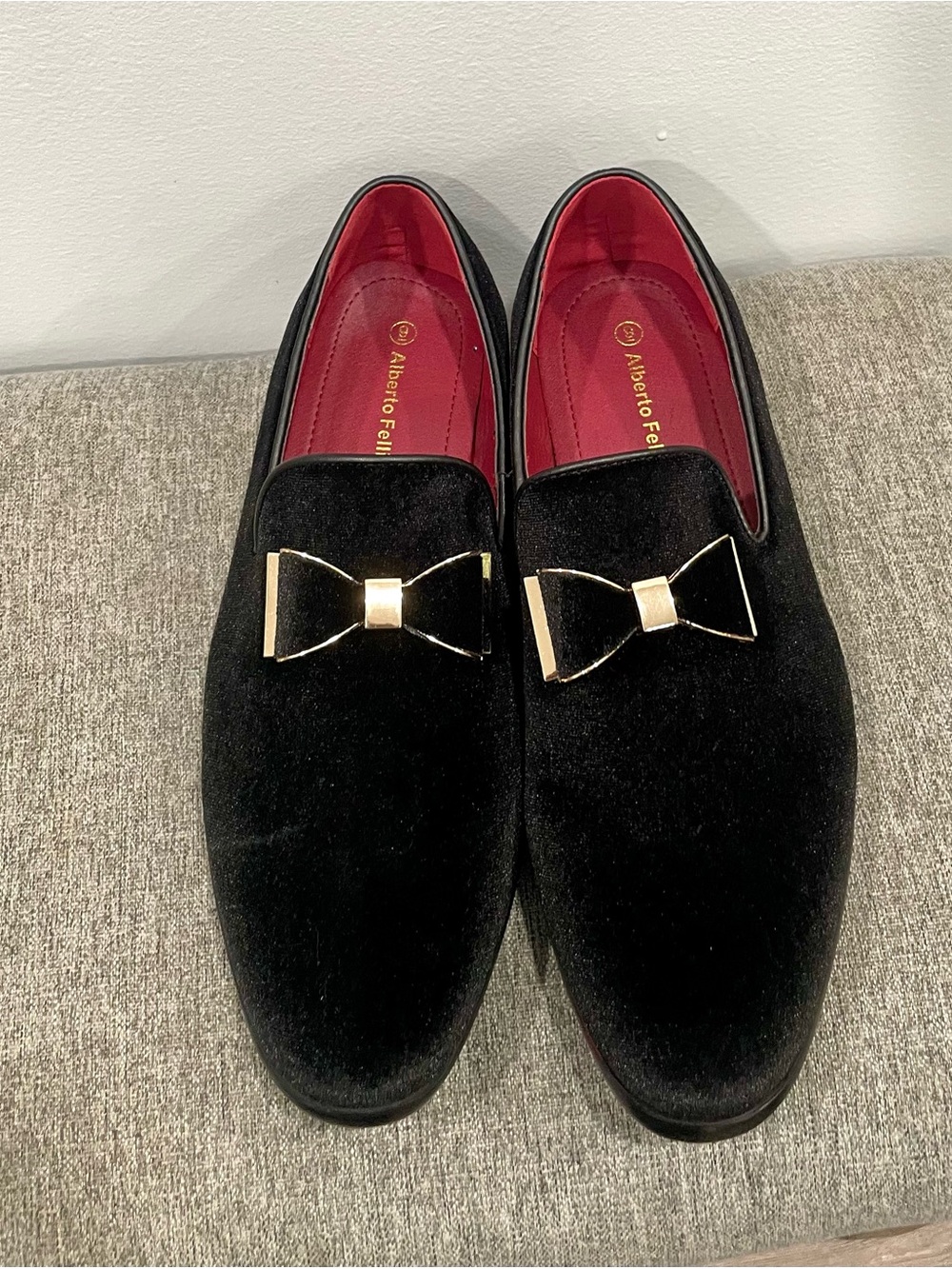 New with box**Alberto Fermani Black Velvet Slip-On Loafers with Gold Bow Detail